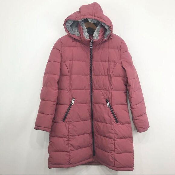 Andrew Mark Maroon Insulated Quilted Puffer Long Coat With Detachable Hood - Picture 1 of 16